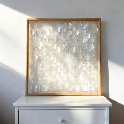 Bergamot 3D Handmade 24"x24" Capiz Shell Wall Hanging Decor, Solid Wooden Framed Coastal Wall Decor, Minimalist White Sea Shell Art for Living Room, Bedroom, Office