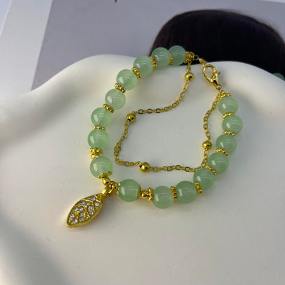 Progresssail Hetian Jade Bracelet for Women Double Layer Green Beaded Monstera Palm Leaf Bracelet Adjustable Classic Bracelet with Zircon Leaf Charm Ladies Jewelry