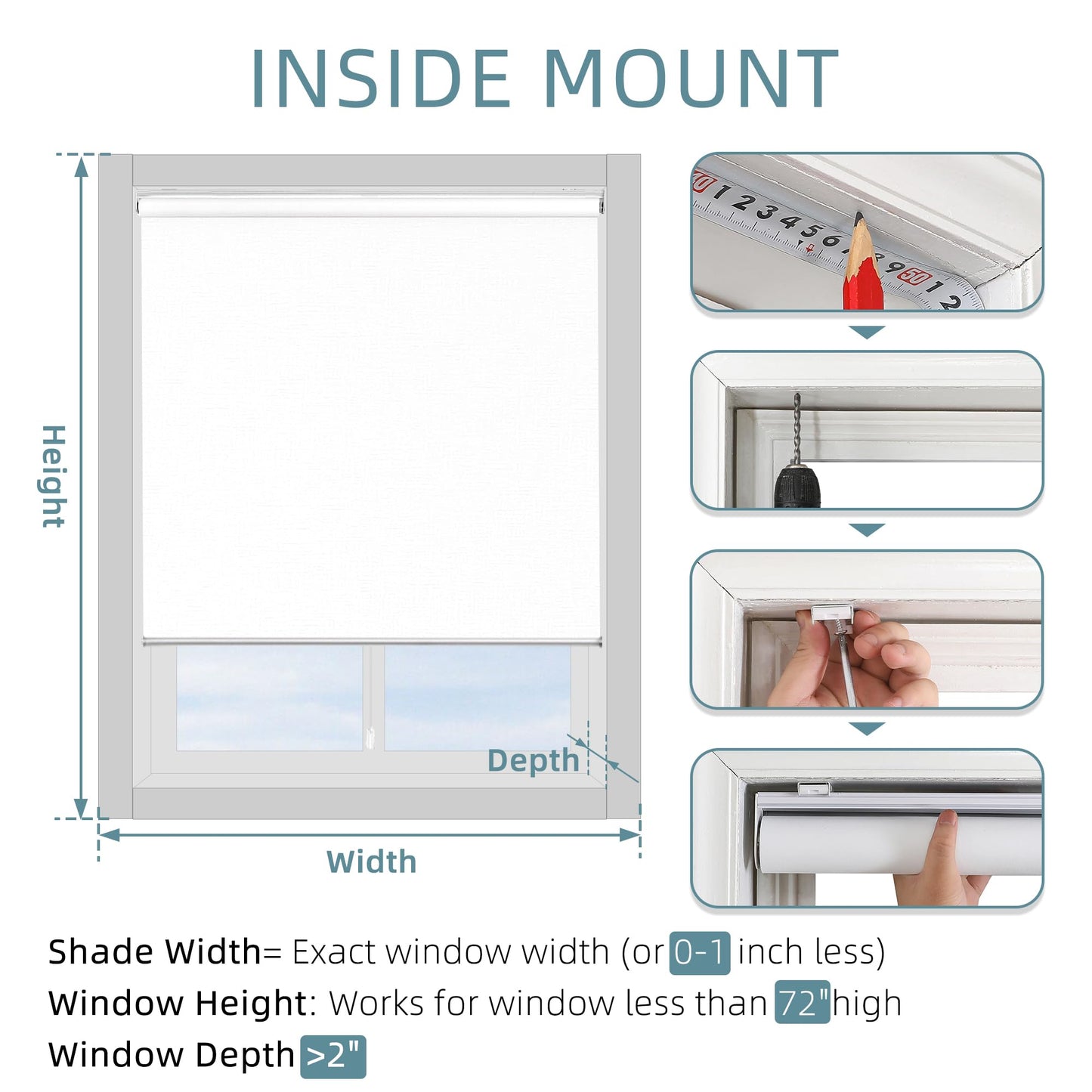 ChrisDowa Cordless 100% Blackout Roller Shade, with Striped Jacquard, Thermal Insulated, UV Protection Fabric, Total Blackout Blinds for Window, French Doors, Home and Office. White, 36" W x 72" H