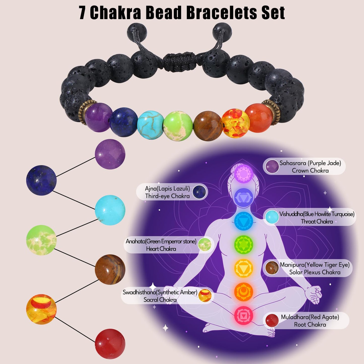 Giovanchi 1 Pcs Lava Rock 7 Chakra Bracelets Adjustable Braided Rope Natural Stone Yoga Stretch Elastic Healing Bead Bracelets for Men Women