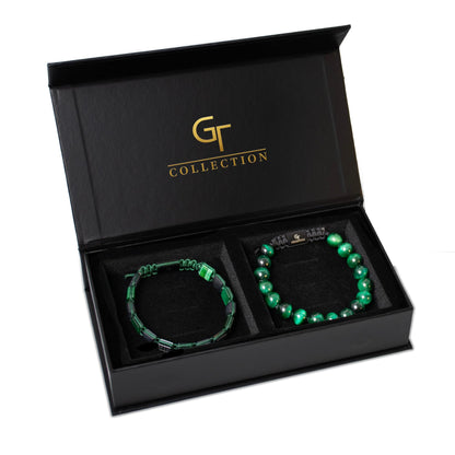 2 PIECE SET - Men's Beaded Bracelet And Flatbead Bracelet | Gift for Men | One Size Fits All | Used for Its Grounding Effects | 100% Natural | Adjustable Bracelet for Men with Gemstones (Green)