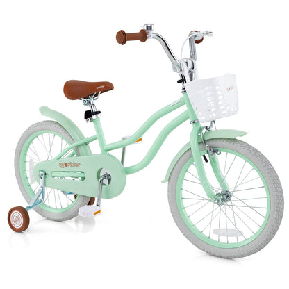 BABY JOY Kids Bike, 18 Inch Boys Girls Bike for 4-8 Years Old w/Training Wheels, Adjustable Seat, Removable Basket, Handbrake & Coaster Brake, Kids Bicycle (Mint Green)