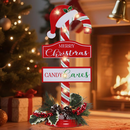 WONDER GARDEN Christmas Signs Indoor - 2 Pack Lighted Candy Cane Signs with Artificial Holly Berries, 16 Inch Metal Standing Merry Christmas Sign Decorations for Home or Party Table Decor Gift(Hat)