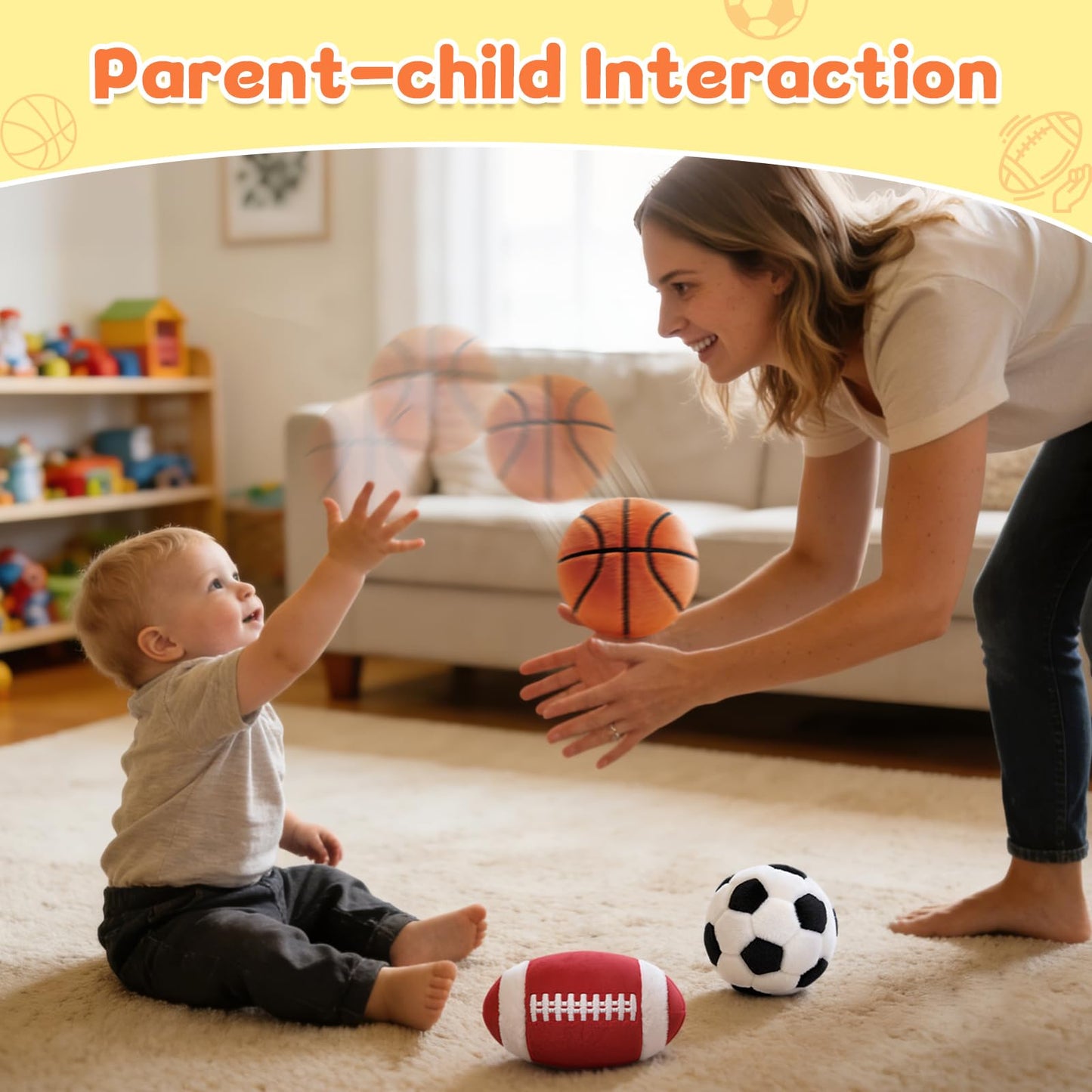 Baby Ball Toys 0-6 Months, Newborn Plush Rattle 3pcs Football Basketball Soccer Sports Set-Sensory Toys with Rattles for 0 3 6 9 12 Months Infant Boys Girls Birthday or Shower Gifts
