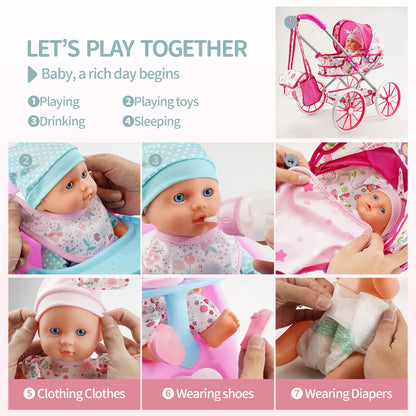 Baby Doll Stroller Toys Set W/ 13'' Baby Doll, Doll's Bed, Dining Chair, 26 PCS Doll Accessories & 2 Set Clothes, Baby Stroller Toys for 3 4 5 Year Old Girl Birthday Gift, Pretend Playset for Toddler