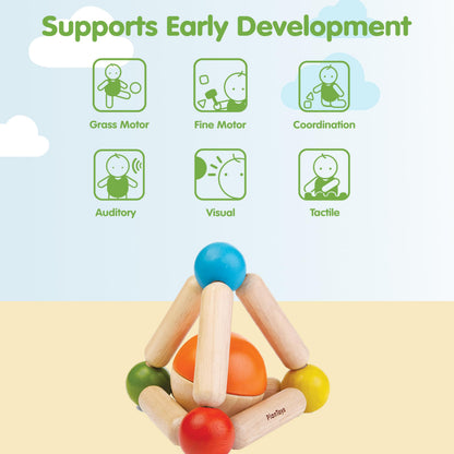PlanToys® Wooden Clutching Triangle Baby Toy | Montessori Sensory Grasping and Fine Motor Skill Development Activity | Eco Friendly Rattle Toy for Early Exploration