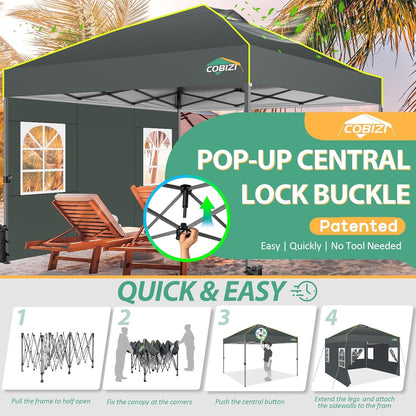 COBIZI 10x10 Pop up Canopy Tent with Sidewalls One Person Setup, Easy Outdoor Commercial Event Gazebo Shelter Enclosed Waterproof with Air Vent, 4 Sandbags for Garden,Party,Grey