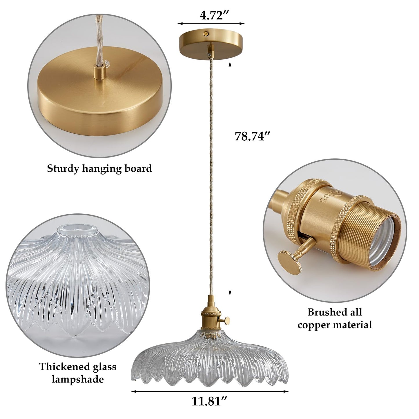 Oyisen Pendant Lights, 11.8 Inch Hanging Lamp Adjustable 6.5Ft Cord Hanging Lamp Clear Flower Glass Shade Pendant Light Fixture Hanging Pendant Lights for Bedroom