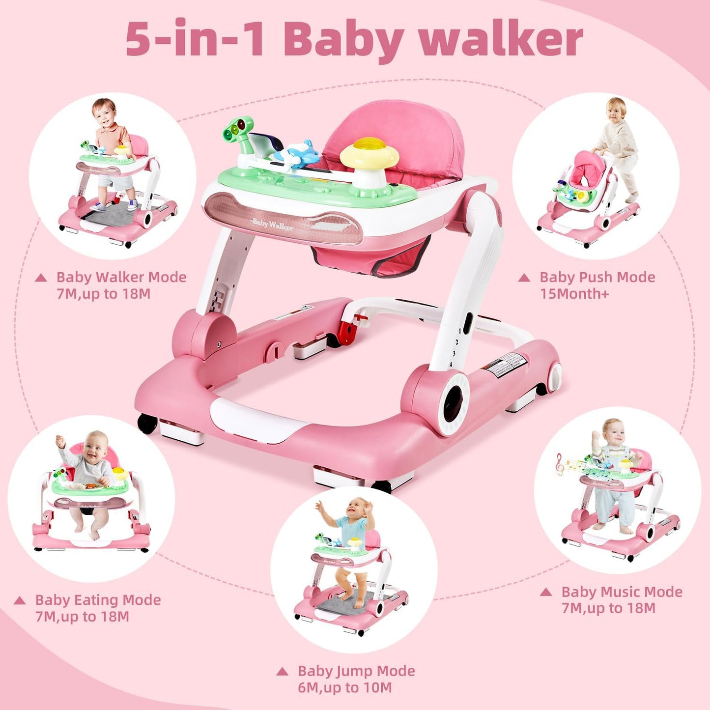 5-in-1 Baby Walker with Wheels, Baby Walkers for Boys Girls 6-18 Months, Foldable Adjustable Walker with Bouncer, Feeding Tray, Music & Detachable Footrest(Pink)
