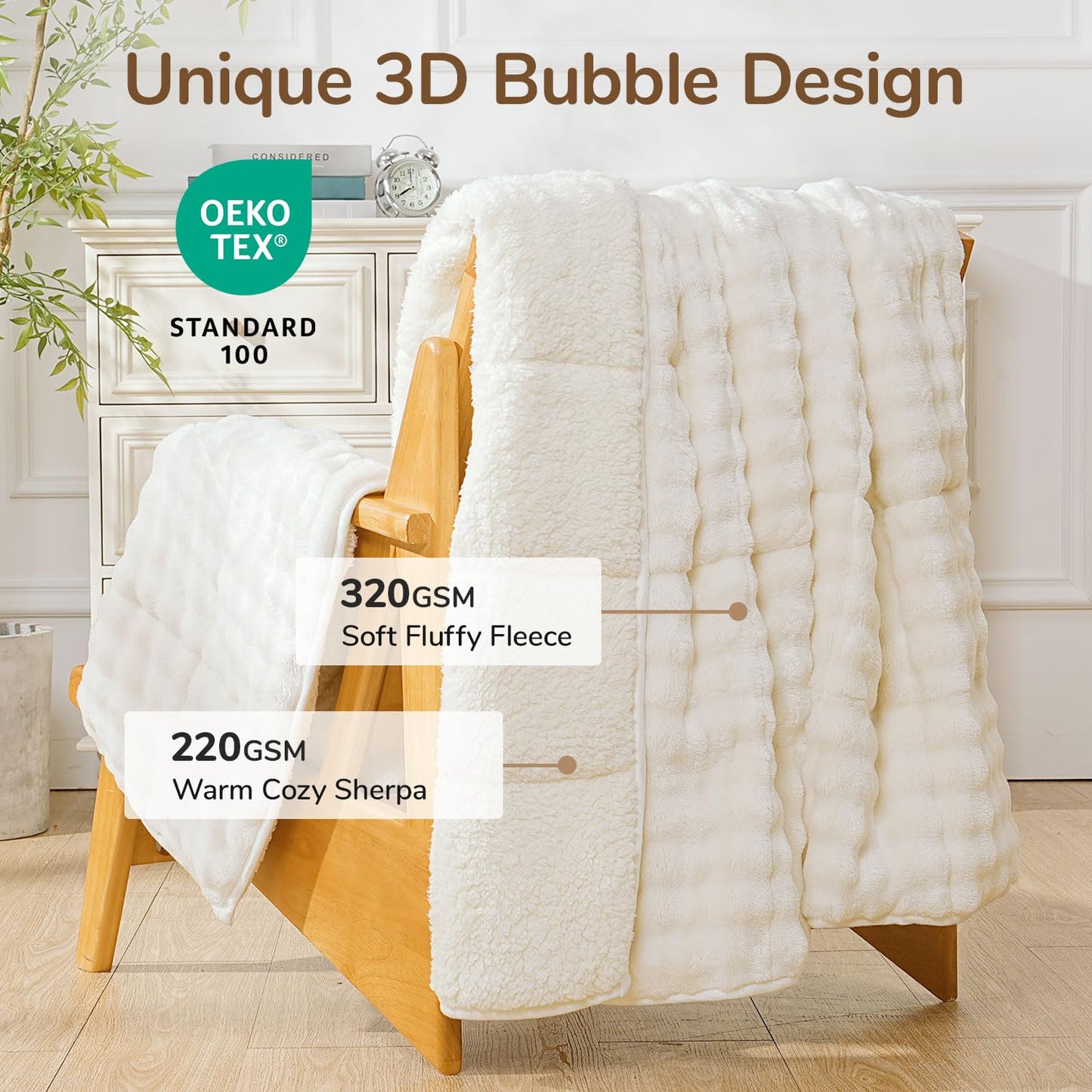 Cottonblue Weighted Blanket 15lbs for Adults, Fluffy Bubble Sherpa Fleece Weighted Blankets for Queen Size Bed, Cute Fuzzy Warm Heavy Blanket for Calming & Sleeping, 60"x80", Cream White