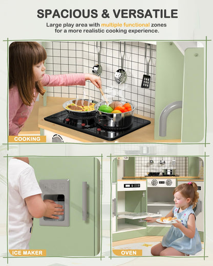 Babytronic Corner Wooden Play Kitchen Set for Kids w/Lights & Sounds, Pretend Play Kitchen Playset with Stove, Microwave, Ice Maker & Accessories, Perfect for Toddlers & Multiple Children (Green)