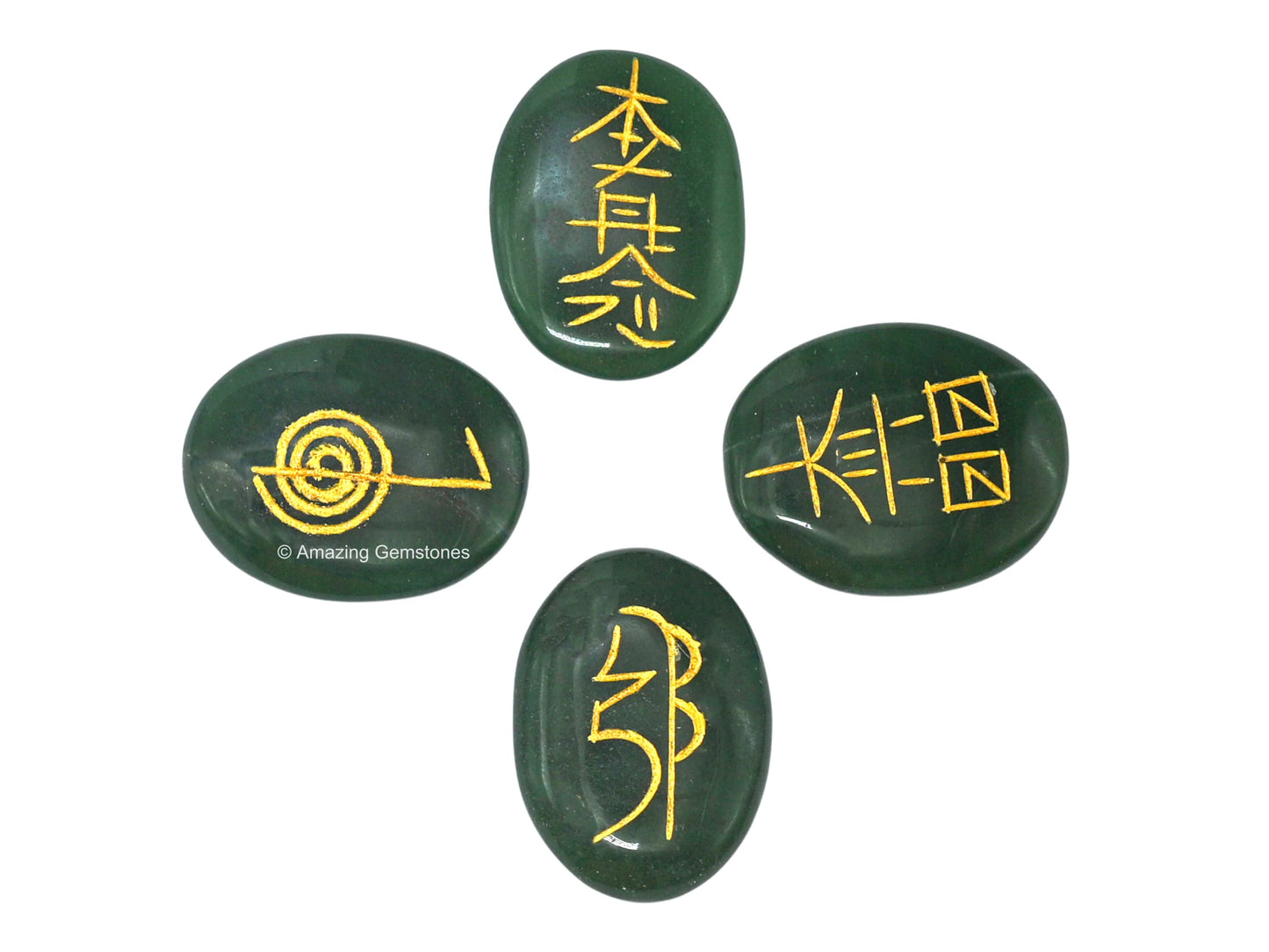 Amazing Gemstone Green Aventurine Crystal Reiki Stones with Engraved Symbols for Usui Reiki Healing, Set of 4 Pcs (Indian Handmade Reiki Gift Set)