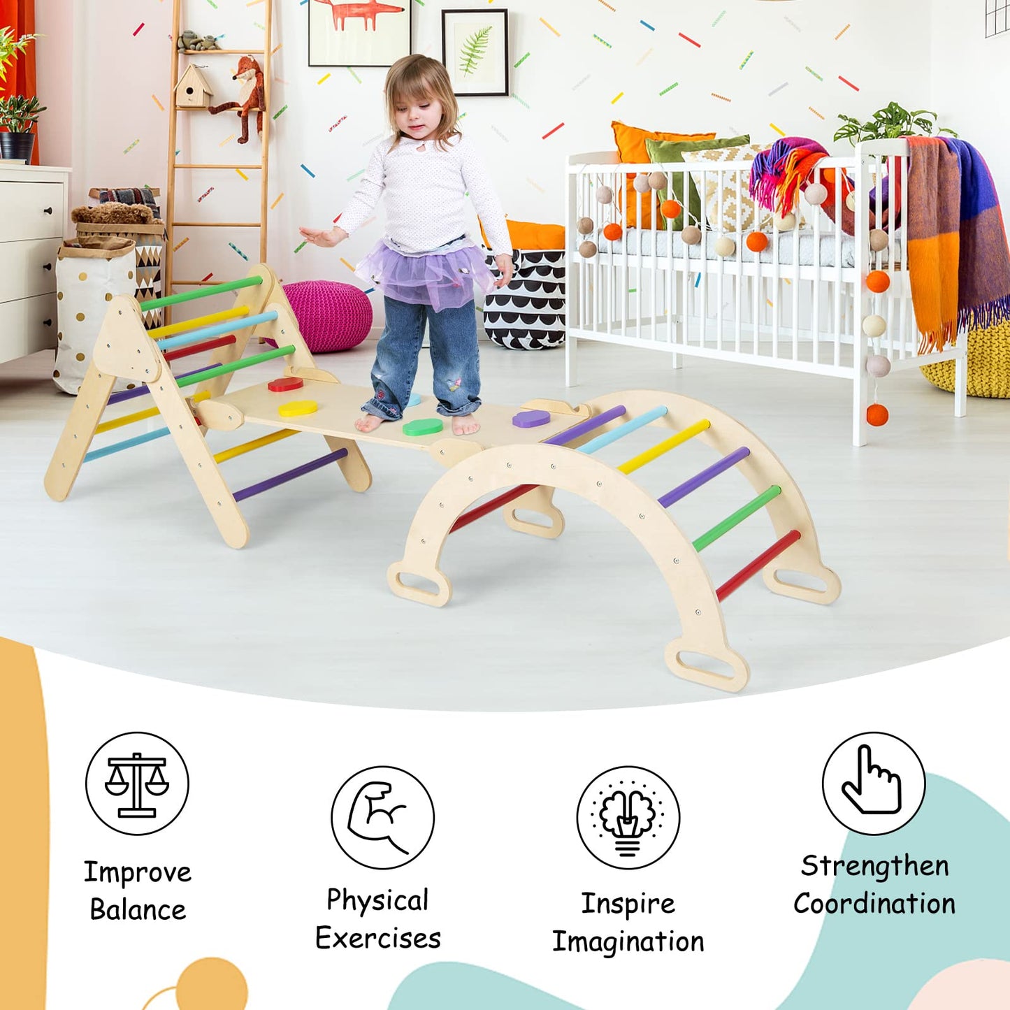 Olakids Pikler Triangle Set 7 in 1 Climbing Toys for Toddlers 1-3 Inside Foldable Wood Montessori Jungle Gym with Ramp Ladder Arch Slide Baby Climber Indoor Playground