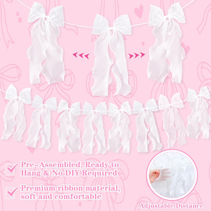 White Ribbon Bow Garland Banner, Girls Bow Birthday Party Decorations, Baby Shower Decor, Tying The Knot Bridal Shower Engagement Wedding Valentines Day Bows Party Supplies