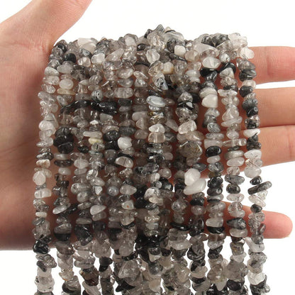 HAAMIIQII 5-8mm Natural Black Rutilated Quartz Chips Beads Irregular Chip Stones Loose Gemstone Energy Healing Beads for Jewelry Making Strand 30 Inch