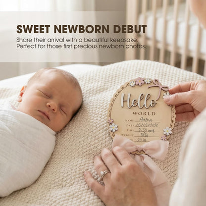 TTMerriwood Baby Announcement Sign with Stand & Marker – Hello World Wooden Name Plaque for Newborn Photoshoot, Baby Shower, Rustic Keepsake Birth Stat Sign for Hospital Birth Announcement (Light pink ribbon)