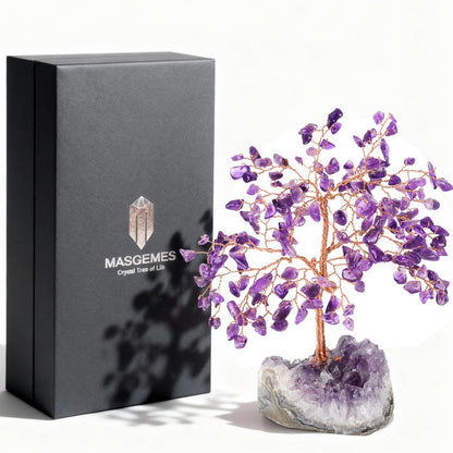 MASGEMES Handmade Chakra Gemstone Crystal Tree of Life,Natural Amethyst with Amethyst Cluster Base,Bonsai Feng Shui Decor Money Tree,Healing Crystals Positive Energy Gift Size 5.5"-6.3"