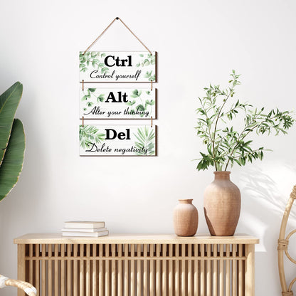 Qunclay 3 Pcs Office Wall Decor Green Leaves Wood Rustic Hanging Cubicle Decor Summer Inspirational Ctrl Alt Del Sign Decoration for Bathroom Indoor Home Living Room
