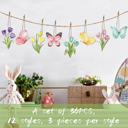 JNYVE 36 Pcs Spring Tree Ornaments: Spring Wooden Flowers Decorations Tulip Butterfly Hanging Decor for Small Tree Home Party