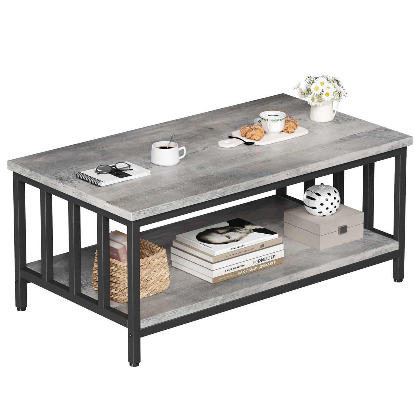 Homeiju Coffee Table for Living Room with Slatted Sides Frame, Modern Farmhouse Living Room Table with 2-Tier Storage Shelf for Home Office, Apartment, 39 inch Grey Wash