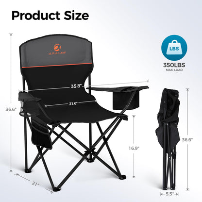 ALPHA CAMP Camping Chairs 350LBS Capacity, Heavy Duty Folding Chair with 4-Can Cooler Bag, Portable Outdoor Chair with Cup Holder for Adults, Collapsible for Tailgating, Beach, Fishing,Black