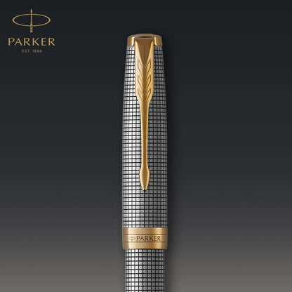 Parker Sonnet Fountain Pen Chiseled Silver with Gold Trim Solid 18k Gold Fine Nib (1931489)