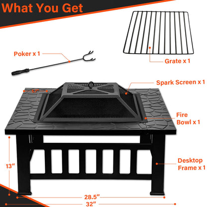 Quilushey 32 Inch Fire Pit Table with Fire Poker & Spark Screen, Outdoor Burning Fire Pits, 3 in 1 Metal Square Firepit Stove for Outside Heating, Bonfire Party, Camping, Patio, Garden