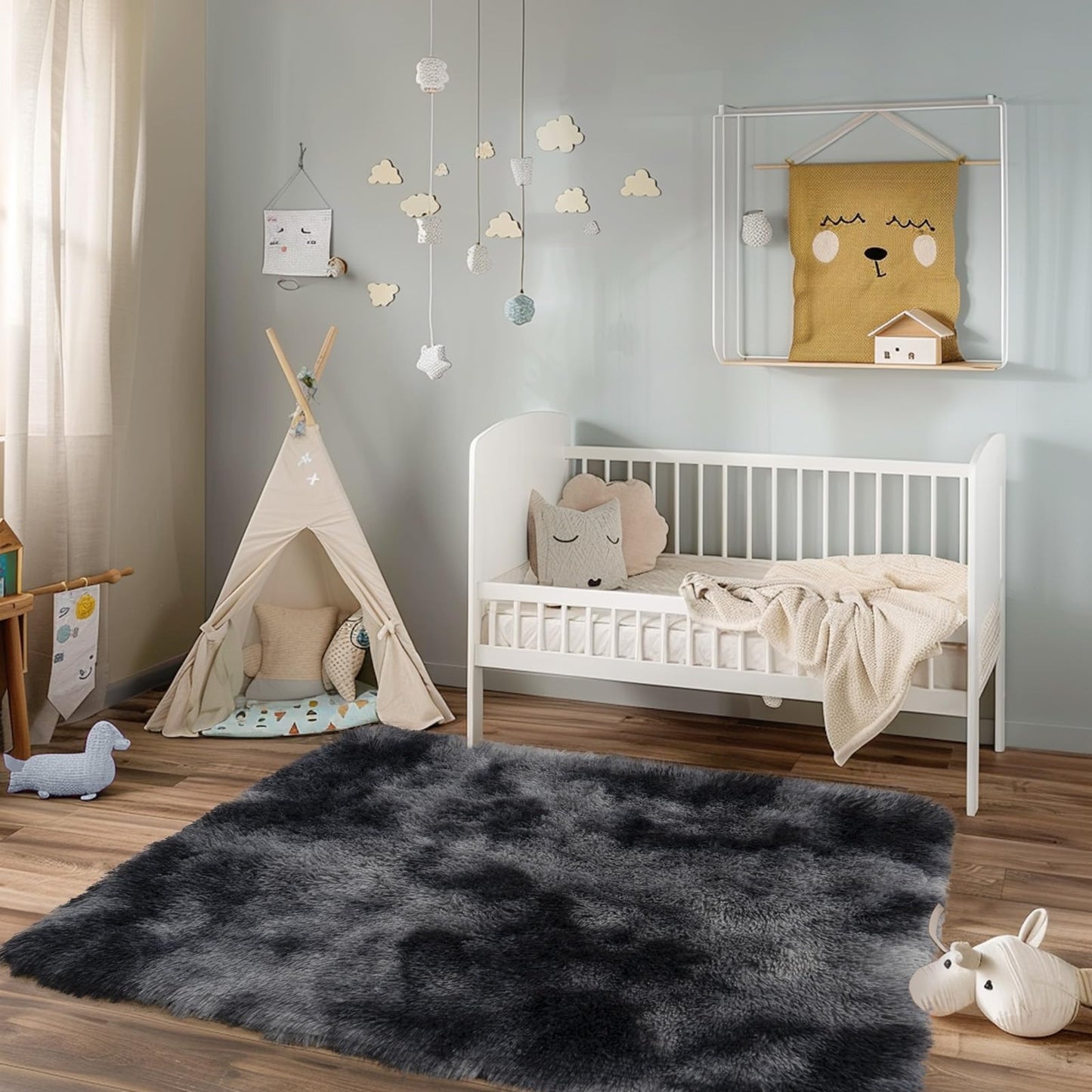 Mugorn 3x5 Rugs for Bedroom, Fluffy Area Rugs for Living Room, Soft Shag Kids Rug Small Carpet with 4 Non-Slip Rug Pads (Black Grey Tie-Dyed, 3ft x 5ft)