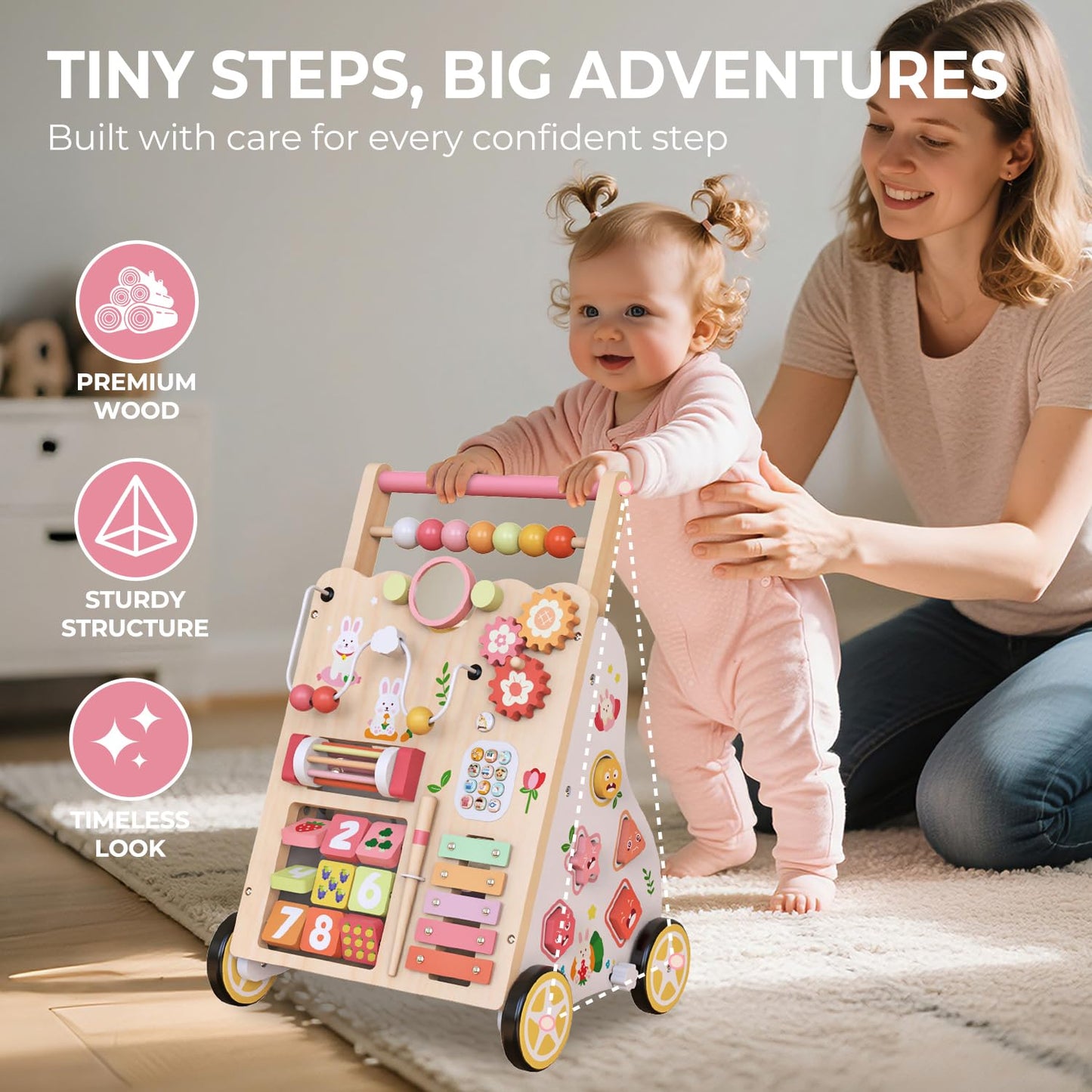 Baby Push Walker, Wooden Baby Walker with Wheels, Montessori Activity Center for 1 2 3 Years Old Boys Girls, Adjustable Speed & Height Push Toy for Toddler Learning to Walk, Kids Development Gift