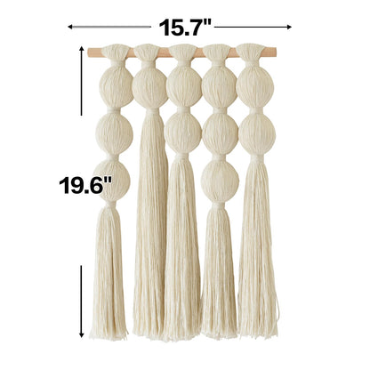 Flber Macrame Wall Hanging with Geometric Yarn Spheres, Handwoven Cotton Tassel Art for Boho Bedroom or Living Room Wall Decor 15.7" W x 19.6" L