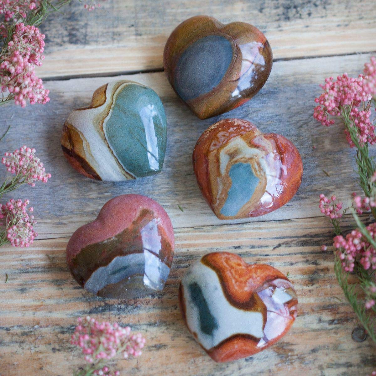 JIC Gem 1.3-1.5" Natural Ocean Jasper Palm Stone Crystal Healing Gemstone Decoration Worry Therapy Heart Shape Set of 10 Wholesale
