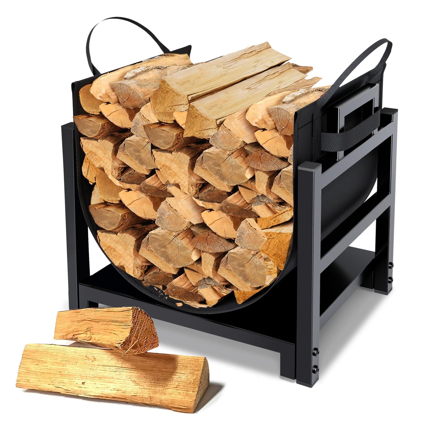 MOFEEZ Firewood Rack Log Holder Indoor with Wood Carrier, Powder-coated Steel Made, Up-loaded to 110lb, 18inch(L) x 13inch(W) x 17inch(H)