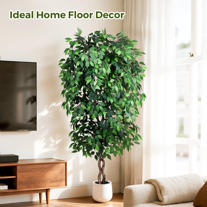 Jocoevol 7FT Artificial Ficus Tree, Tall Faux Trees Indoor with White Planter, Dried Moss, Natural Silk Leaves & Trunk, Fake Plants for Home Living Room Office Corner Decor Housewarming Gift