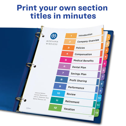 Avery 12 Tab Dividers for 3 Ring Binders, Customizable Table of Contents, Multicolor Tabs, 6 Sets (11196)