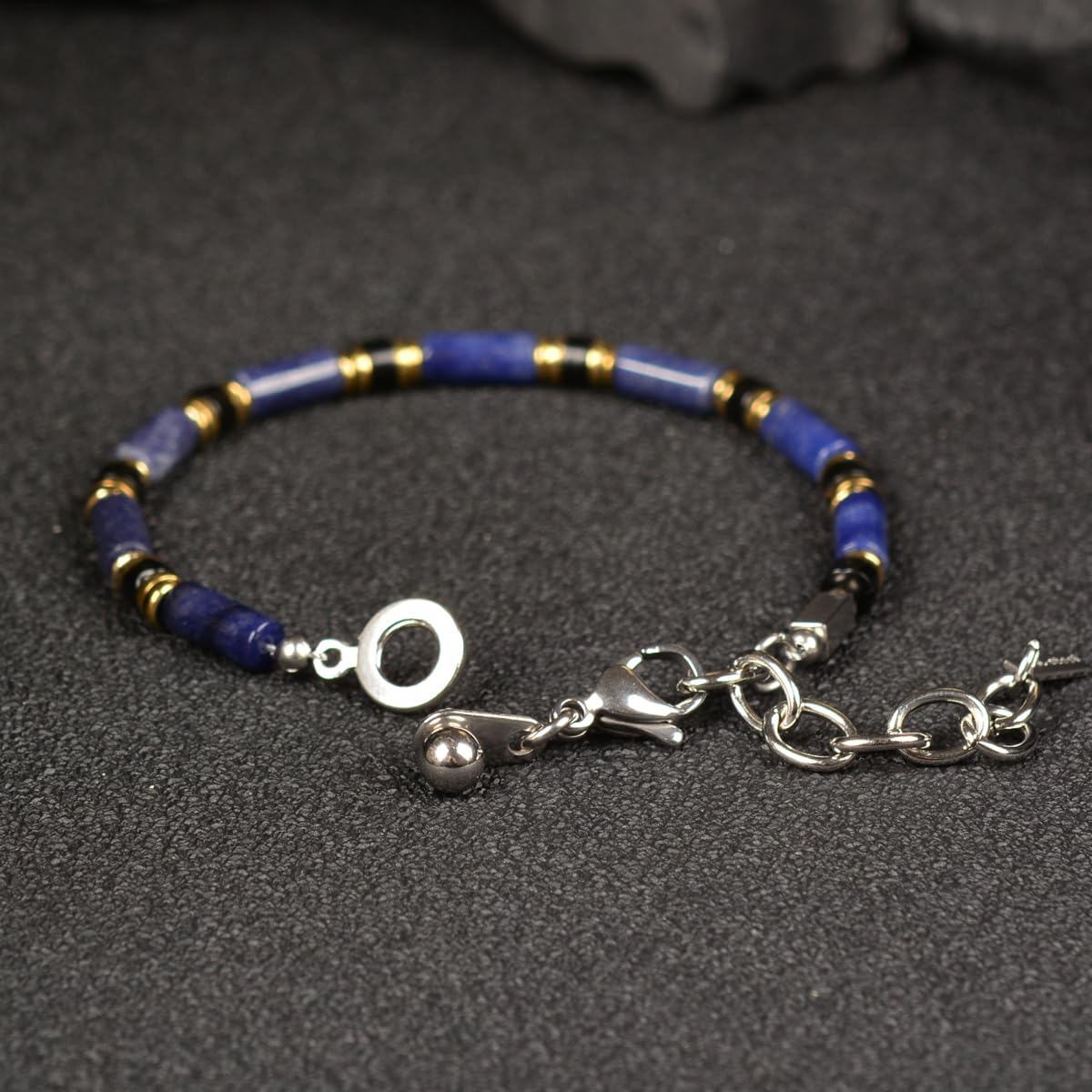 Casvia Men's Indigo Blue Stone Beaded Bracelet, Obsidian & Hematite, Stainless Steel Dual-Clasp, Adjustable, Durable Daily Wear, Azure Veil, Ideal Gift for Men Dad Boyfriend Son
