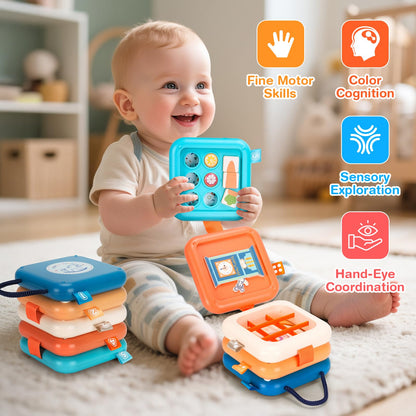 Flwedora Busy Board Toys for 1 Year Old Toddlers, Montessori Sensory Travel Toys for Airplane Car, Baby Learning Toy Gift for 1 Year Old Boy Girl & Activity Cube (Easter Stocking Stuffer, Birthday)