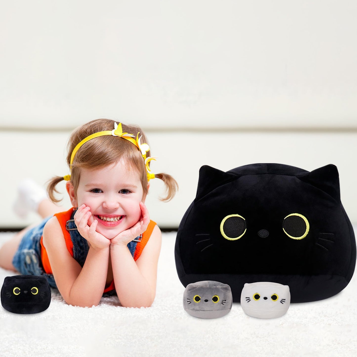 WeBingo Black Cat Plush Toy 4-Piece Set, 16'' Giant Cat Stuffed Animal Plushies Pillow with 3 Babies for Girl Boy Kid Adult, Large Big Soft Gift for Birthday Christmas Valentine's Day Home Decor