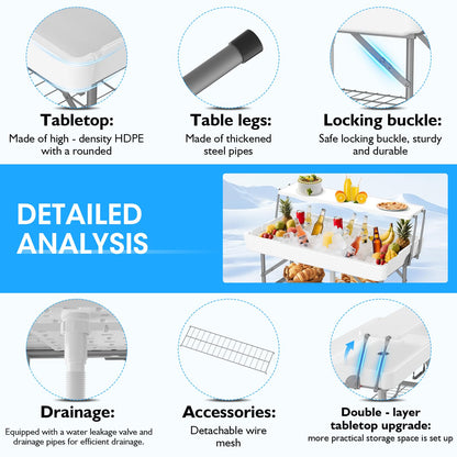 HLPB 4 FT Party Ice Cooler Folding Table with Folding Board, Outdoor ice Table with Skirt & Drain & Folded Buckets & Barbed Wire, Portable Foldable Bar Table for Party, BBQ, Camping, Picnic, White