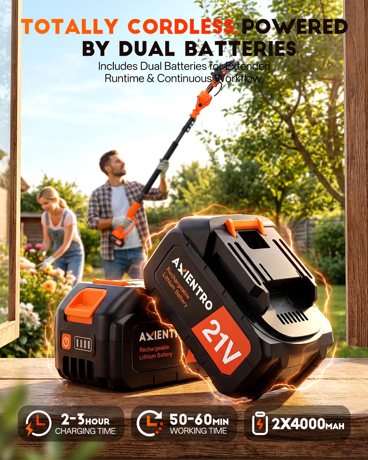 Axientro Electric Pole Saws for Tree Trimming, 2-in-1 Bruless Motor Mini Chainsaw & Pole Saw, 8-in Electric Chainsaw Cordless with Extendsion Pole, 2x4000mAh Li Batteries & Charger, 16FT Max Reach