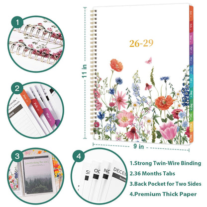 2026-2029 Monthly Planner - 3 year planner 2026-2029, Jul. 2026 - Jun. 2029, 3 Year Calendar 2026-2027-2028 monthly planner, 9" x 11", 36 Month Calendar with Colourful Tabs + Back Pocket - Flowers
