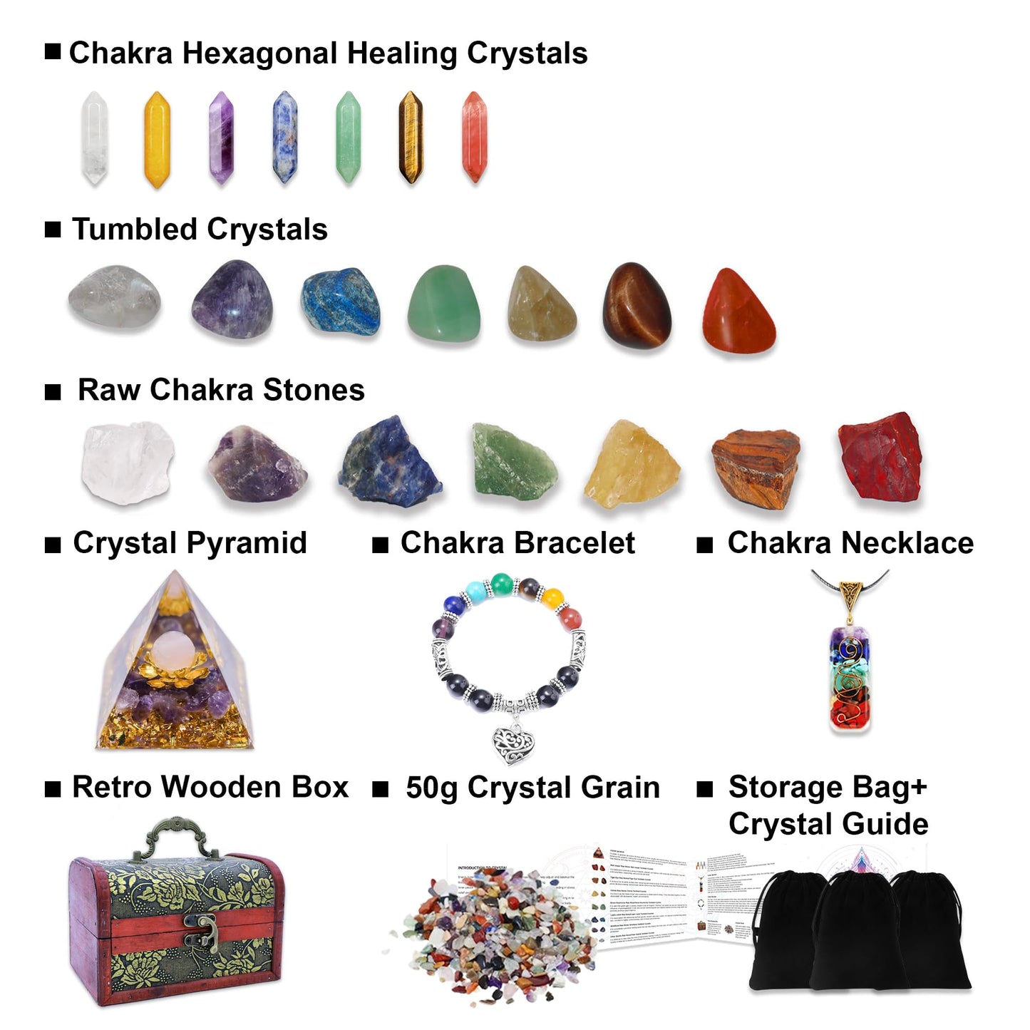 Chakra Healing Stones Set - 7 Raw & 7 Tumbled Crystals with 7 Bullet Shaped Stones, Chakra Necklace, Healing Bracelet & Orgone Pyramid - Spiritual Gift for Reiki, Meditation, Energy Balancing