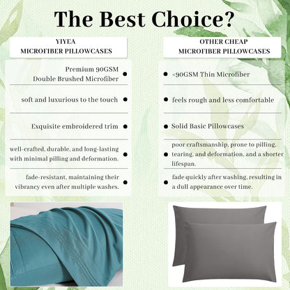 YIYEA Pillow Cases Standard Size Set of 4, Ultra Soft 1800TC Hotel Quality Double Brushed Microfiber Embroidered Pillowcases, Envelope Closure, Fade Resistant (20"x26", Teal)