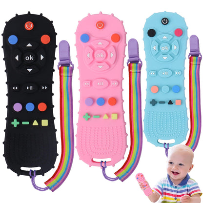 BEBECAN 3 Pack Silicone Baby Remote Teether Chew Toy for Infant TV Teething Remote Control Shape Play Remotes for Babies 3-24 Months (Black+Blue+Pink)