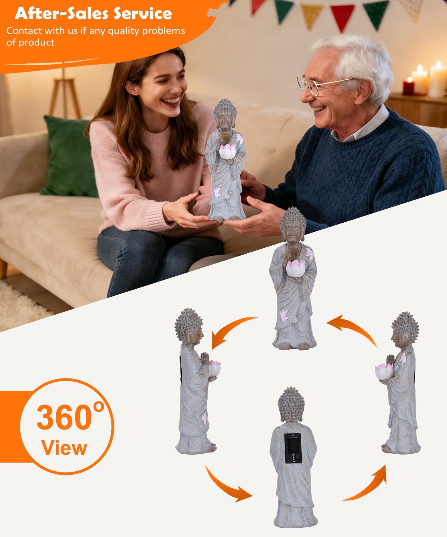 Nacome Solar Buddha Garden Statue Decor: Resin Zen Decor Waterproof Sitting Figurine with Lotus Flower Light Design for Outside Patio Lawn Yard Balcony - 11 inches(White)