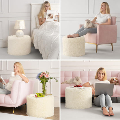 Hansleep Round Stuffed Pouf Ottoman 20 x 15, Foam Filled Faux Fur Ottoman Foot Rest for Chair with Washable Cover, Foot Stools Under Desk for Living Room & Bedroom, Beige