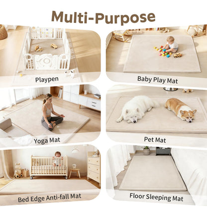 COLLACOCO Baby Play Mat for Floor, 59"x79" Playpen Mat, 1.3" Thick Memory Foam Tummy Time Mat, Soft Coral Velvet Nursery Rug, Easy-Care & Non-Slip Cushioned for Infants, Kids, Toddlers Crawling, Beige