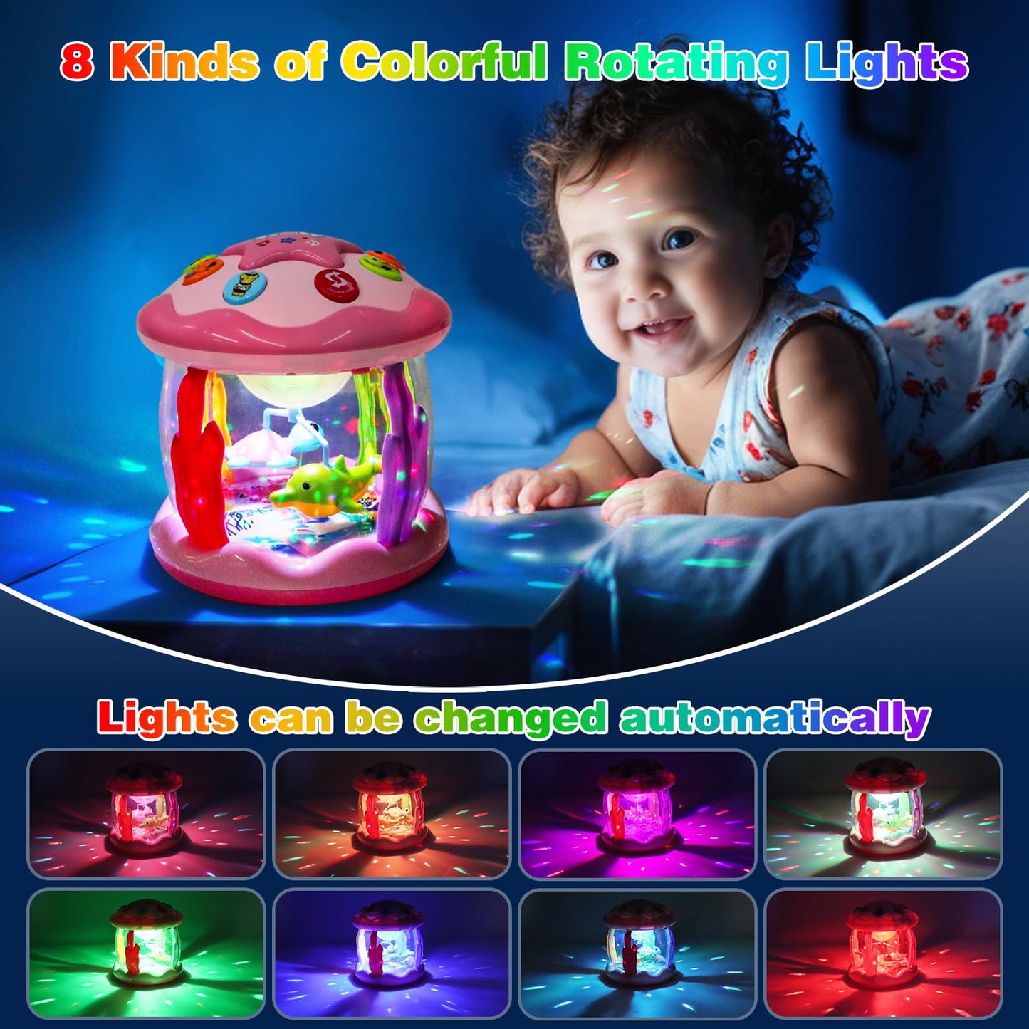 Aboosam Baby Girl Toys 6-12 Months: Babies Ocean Rotating Light Up Musical Toys 12-18 Months Crawling Learning Infant Toy for Toddlers 1 2 3 Years Old Baby Girl Gifts (Pink)