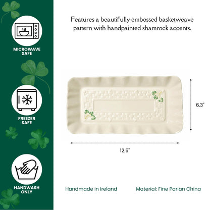 Belleek Shamrock Tray - Fine Parian China White Serving Platter - Handcrafted Appetizer Serving Tray - 12.5 x 6.3 Inches