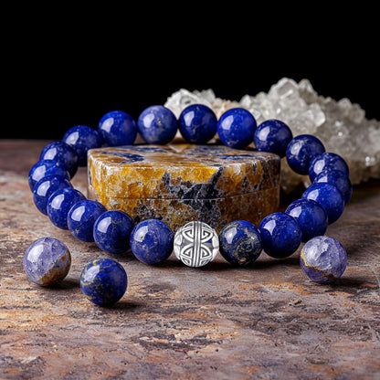 MetJakt Healing Crystals Beaded Bracelets for Womens Natural Gemstone 8mm Beads Stretch Bracelets with 925 Sterling Silver Double Happiness Pendant (Lapis Lazuli)