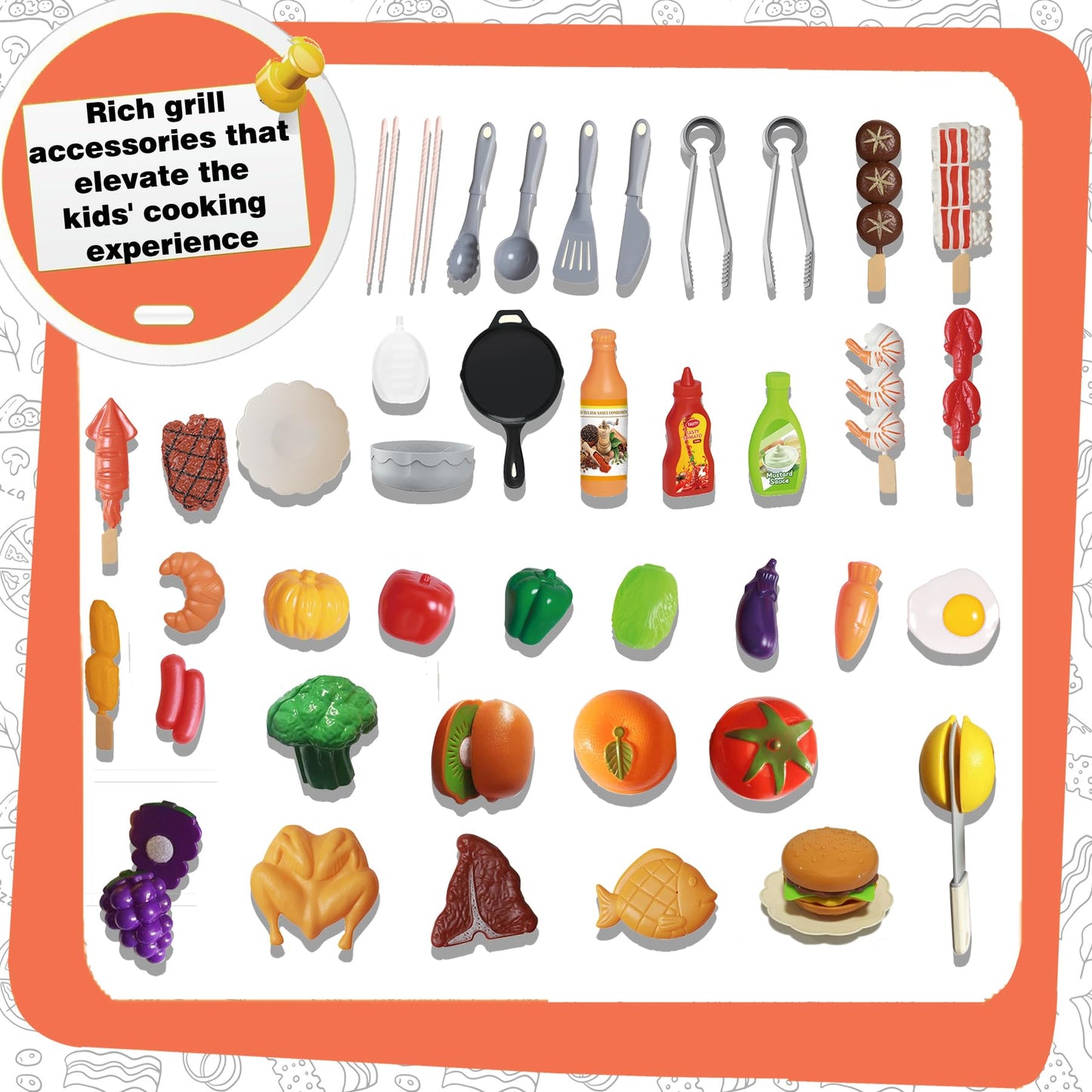 Play Kitchen Sets Toy for Toddlers 3-5, Indoor Outdoor Interactive Kids BBQ Grill Playset with Smoke, Sound & Light, Pretend Cutting Food, Christmas Birthday Gift for Boys and Girls 4-8.